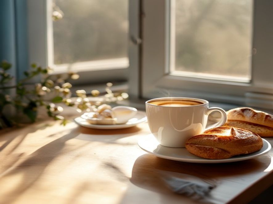 Bord med frukostskål, bröd och kaffe på morgonljus